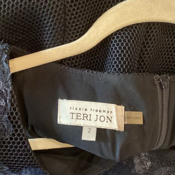 rickie freeman teri jon a line navy sleeveless floral sequin applique dress 2 - Picture 5 of 13